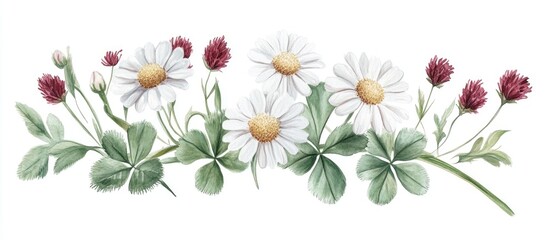 White floral composition featuring herb daisy chamomile and red clover Hand drawn botanical watercolor illustration isolated on a white background suitable for clip art cards labels and invitations