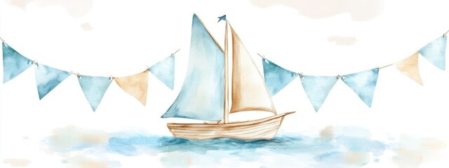 Watercolor sailboat and bunting garland design for baby shower greeting cards or children s birthday invitations Template featuring a sailing boat in soft blue and beige pastel shades with an illu