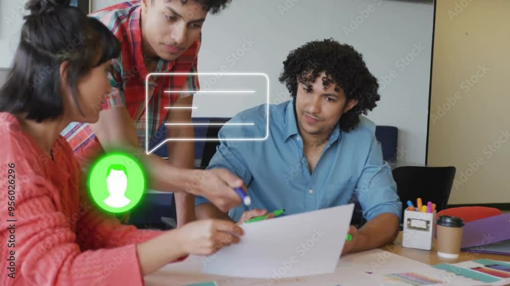 Poster discussing document, colleagues with chat bubble animation over them