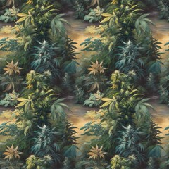 Seamless lush cannabis foliage pattern illustration with natural greenery and soft sunlight