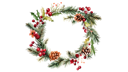 Retro christmas wreath watercolor great design on transparent background, png	