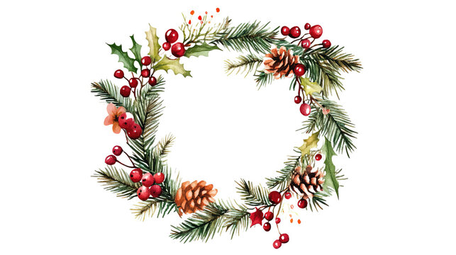 Retro christmas wreath watercolor great design on transparent background, png - Powered by Adobe
