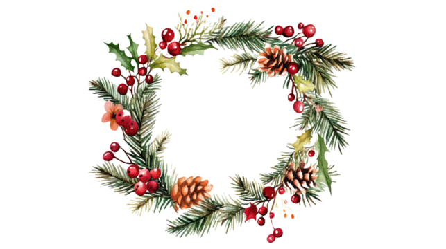 Retro christmas wreath watercolor great design on transparent background, png	