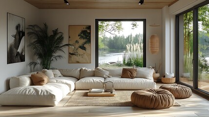 Minimalist Scandinavian living room, functional and practical layout, furniture arranged for ease of use, light wood flooring, neutral tones, large windows providing ample natural light,