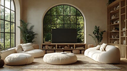 Minimalist Scandinavian living room, functional and practical layout, furniture arranged for ease of use, light wood flooring, neutral tones, large windows providing ample natural light,