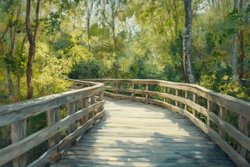Obraz premium Oil painting depicting a wooden boardwalk in a serene park setting