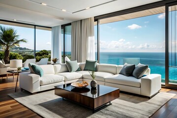 Fototapeta premium Minimalist luxury modern living room interior design, morning light, modern interior concept for use.