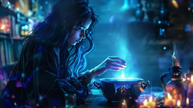 Enchanting evening in a mystical potion workshop with a sorceress blending magical ingredients in October