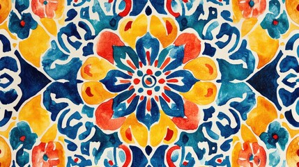 Fototapeta premium Whimsical Multicolored Pattern with Watercolor Yellow Ceramic Infinite Dashiki Motif in Indigo and Tomato Shades Aztec Inspired Crimped Tile Design