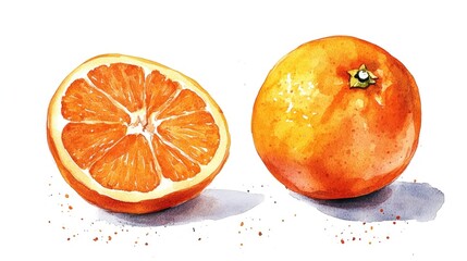Whole and half orange fruit hand drawn watercolor illustration on a white background