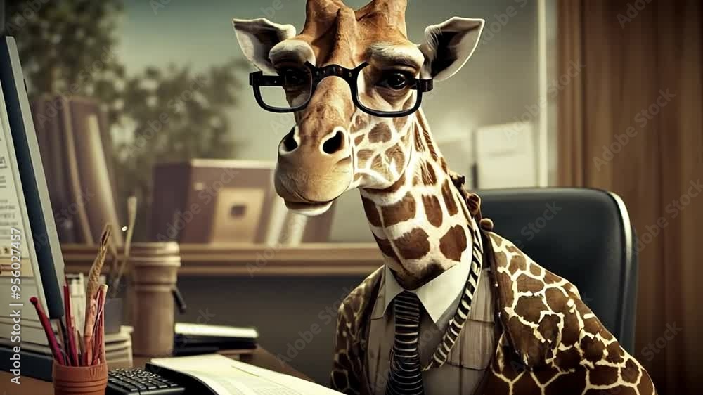 Poster giraffe in glasses working at a desk in a modern office setting generative ai