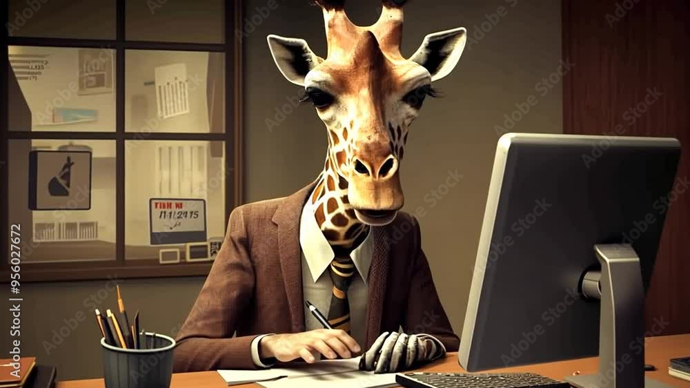 Poster giraffe in business attire working at a desk in an office setting generative ai