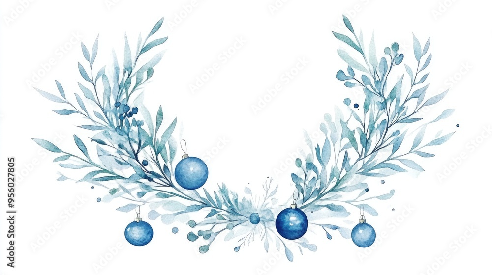 Wall mural Winter watercolor wreath featuring blue branches and ornaments hand drawn on a white background designed for a Christmas greeting card