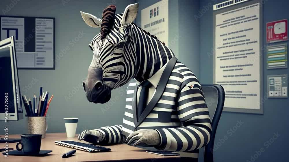 Poster zebra in a business suit working at a desk in an office setting generative ai
