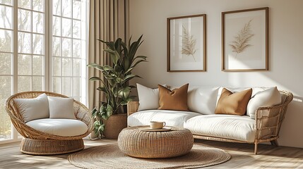 Minimalist Scandinavian living room, light wood furniture with simple, clean lines, white walls, neutral tones, minimalist décor, large windows, airy and open space, tranquil ambiance, modern design,