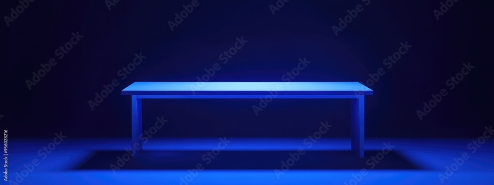 Poster 3d rendering of an empty tabletop in a dark blue room