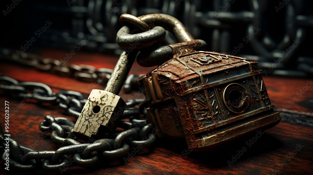 Poster a lock and chain on a table.