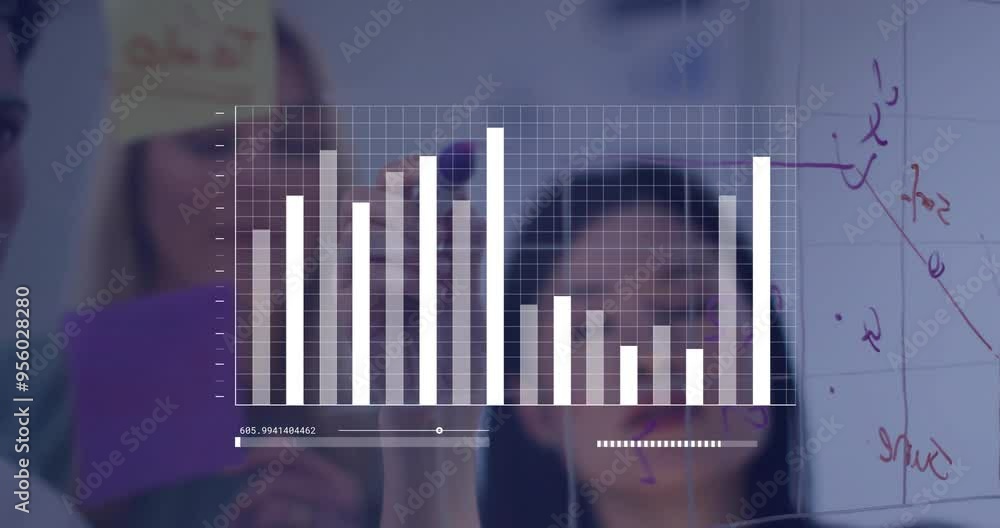 Poster business people brainstorming with bar graph animation over transparent grid