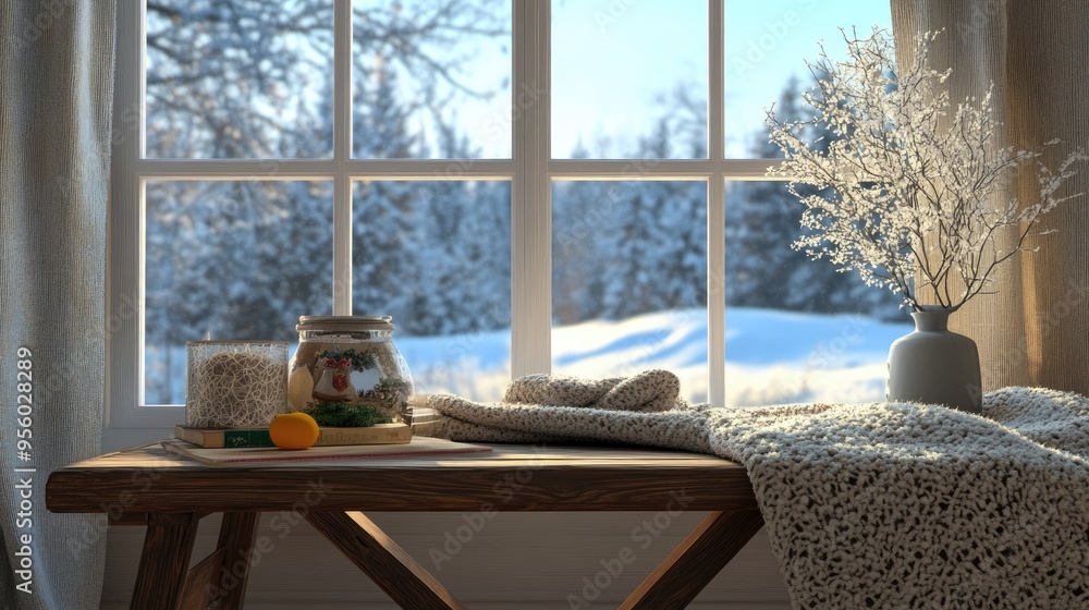 Poster 3d rendering of a winter window with a wooden table featuring cozy textiles