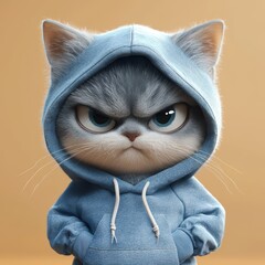 A cute yet grumpy cat dressed in a blue hoodie, showcasing a playful attitude in a cartoonish style.