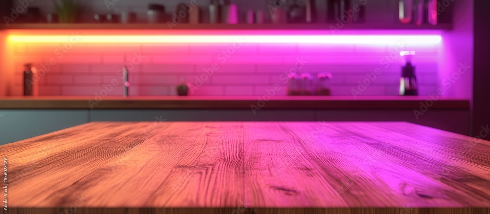 Poster 3d rendering of a wooden kitchen table background with a blurred clean abstract interior and bokeh e