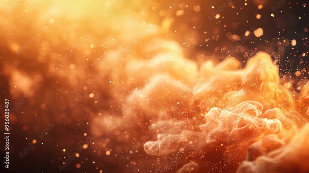 Poster a vibrant display of swirling orange and golden dust particles, creating a magical and ethereal atmo