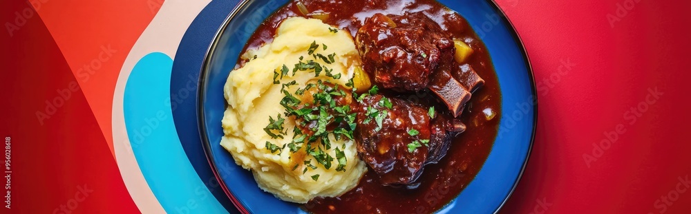 Aufkleber 3d rendering of oxtail stew and mashed potatoes with baby marrow presented on a circular plate in re