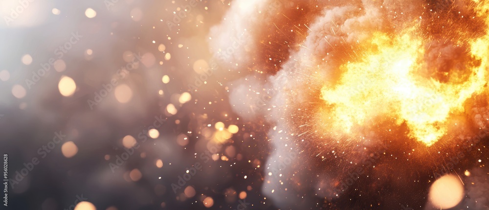 Poster dynamic explosion with vivid flames and smoke, creating an intense atmosphere and dramatic visual im