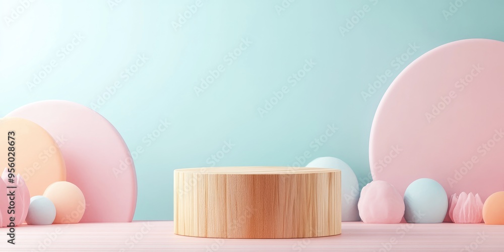Poster 3d rendering of a round wooden saw cut cylinder on a color abstract background minimalist box and ge