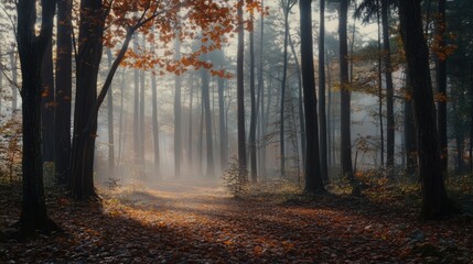 Fototapeta premium The sun shines brightly through trees in the foggy forest