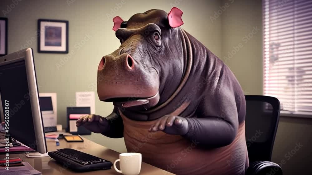 Poster hippo sitting at an office desk working on a computer with coffee generative ai