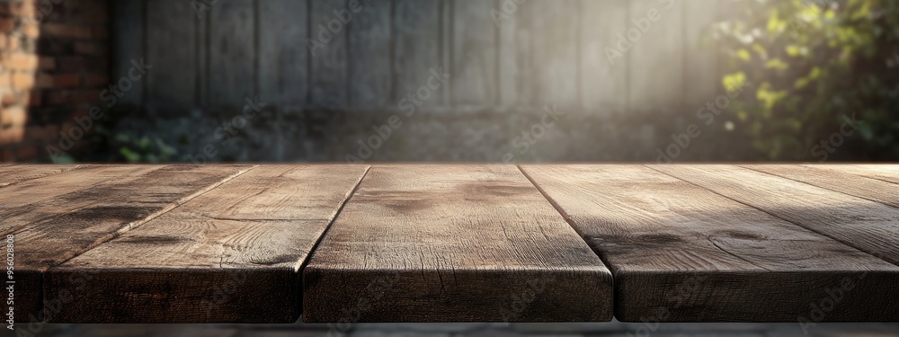 Poster 3d rendering of an empty wooden table with a blurred background ideal for product display or montage