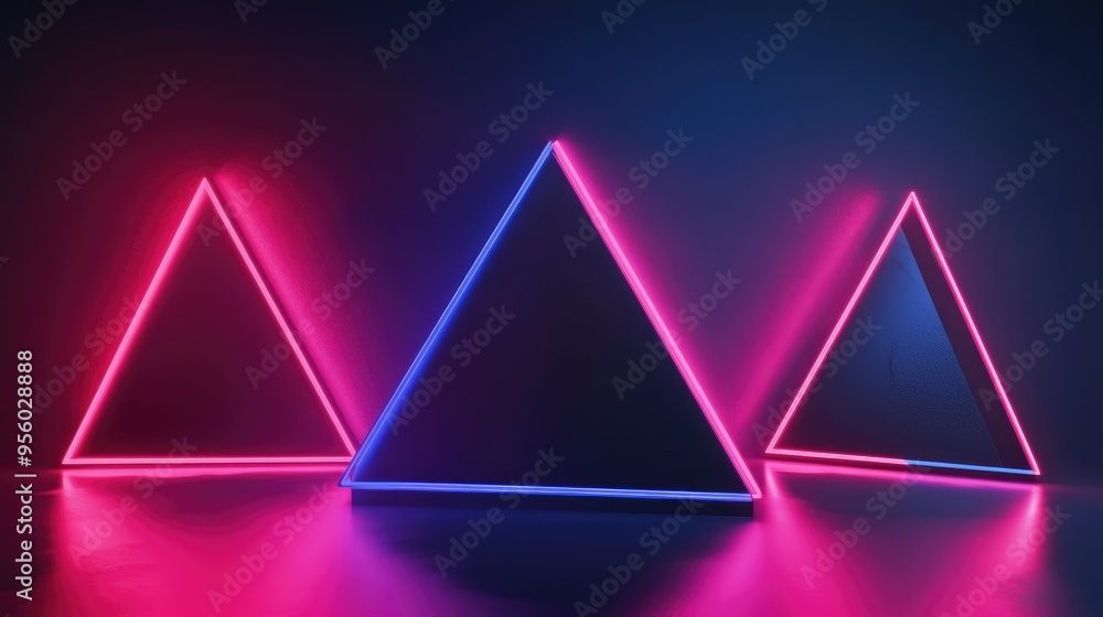 Poster 3d rendering of black geometric shapes illuminated by gradient neon lights against a dark background