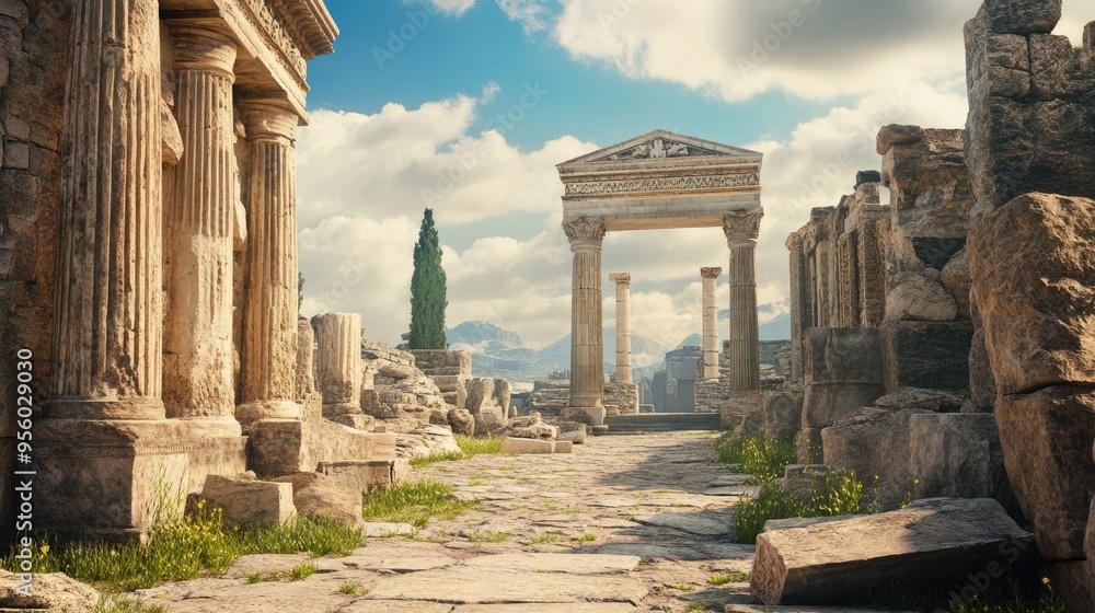 Poster 3d rendering of ancient ruins within a historical complex