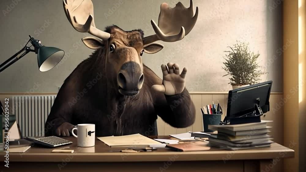 Poster moose managing business at a desk in a cozy office setting generative ai