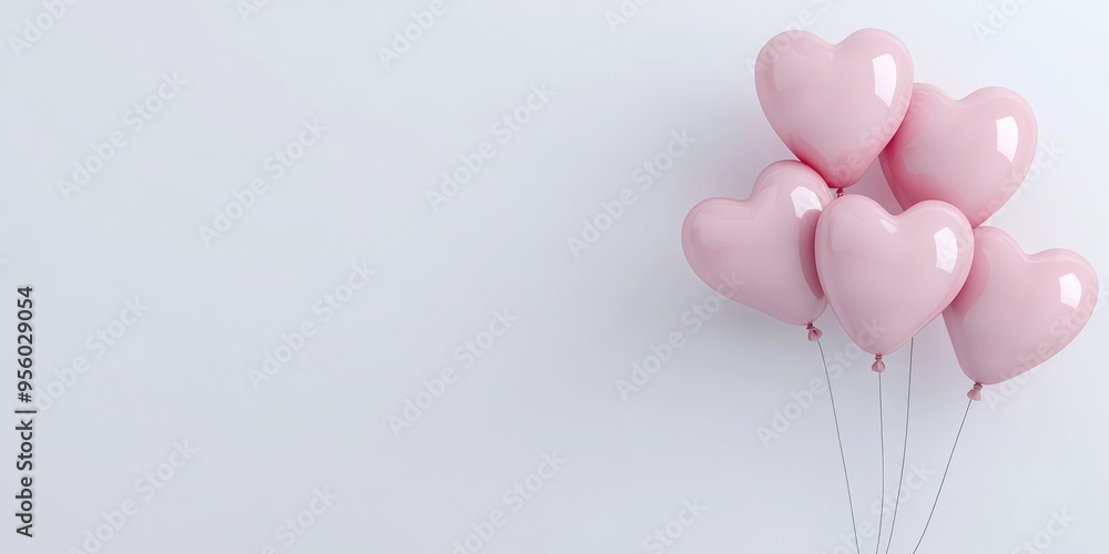 Poster 3d rendering of light pink balloons shaped like hearts in the top left corner isolated on a white ba