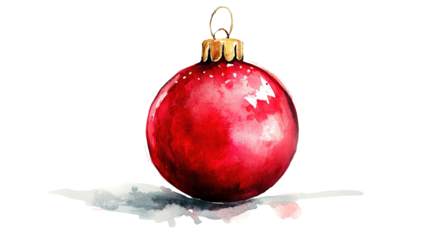 Single red christmas ball in watercolor clipart desig on transparent background, png	