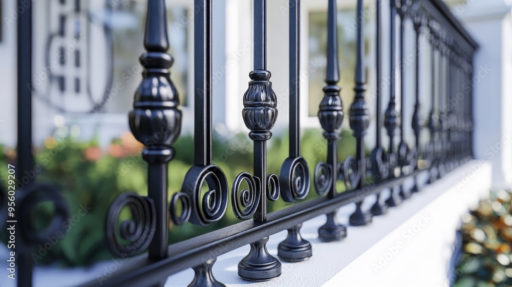 Poster 3d rendering of black iron railings creating an appealing perspective