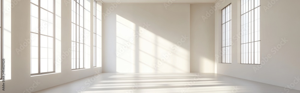 Poster 3d rendering of a minimalist interior design featuring an empty room with windows showcasing abstrac