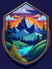 Sunset Mountain Landscape with River and Pine Trees