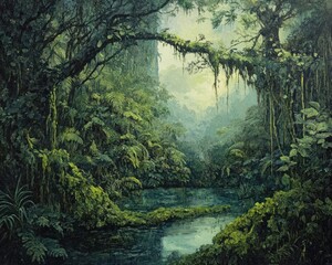 Obraz premium Oil painting depicting a lush moss covered jungle scene