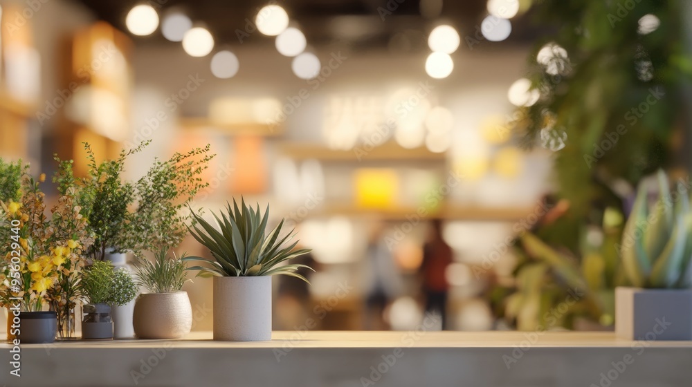 Poster 3d rendering of people shopping for home decor in a blurred department store with a bokeh background