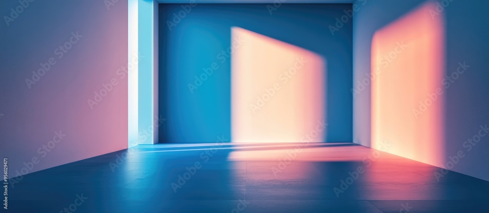 Poster 3d rendering of an abstract geometry studio scene featuring shadow and light with a blue background 