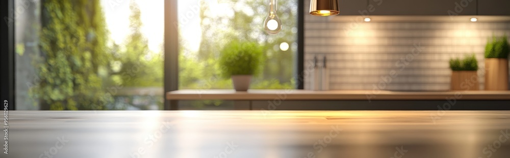Aufkleber 3d rendering of a modern kitchen with a blurred background and bokeh lighting
