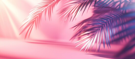 3D rendering of blurred palm leaf shadows on a light pink wall creating a minimal abstract background ideal for product presentation