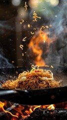 Stir-Fried Noodles Cooking Over Open Flames