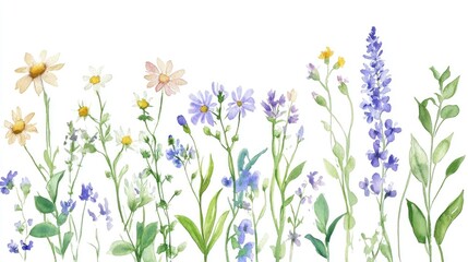 Watercolor illustration of wildflower and herb compositions