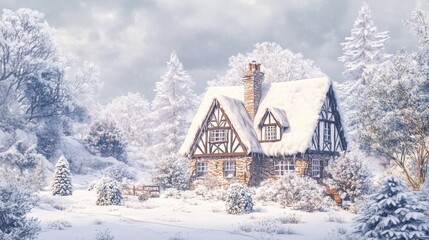 Winter landscape in watercolor style featuring a cozy snowbound half timbered rural house surrounded by snow covered pine trees on a frosty day Digital art created from 3D rendering