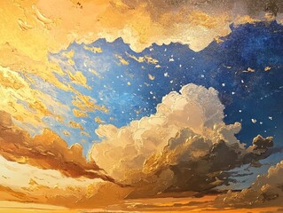 Oil painting depicting a vibrant golden sky in the morning