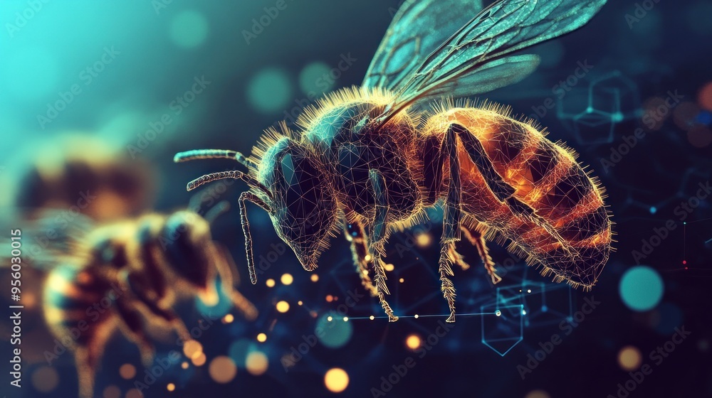 Poster abstract honeybee in wireframe with a bokeh background